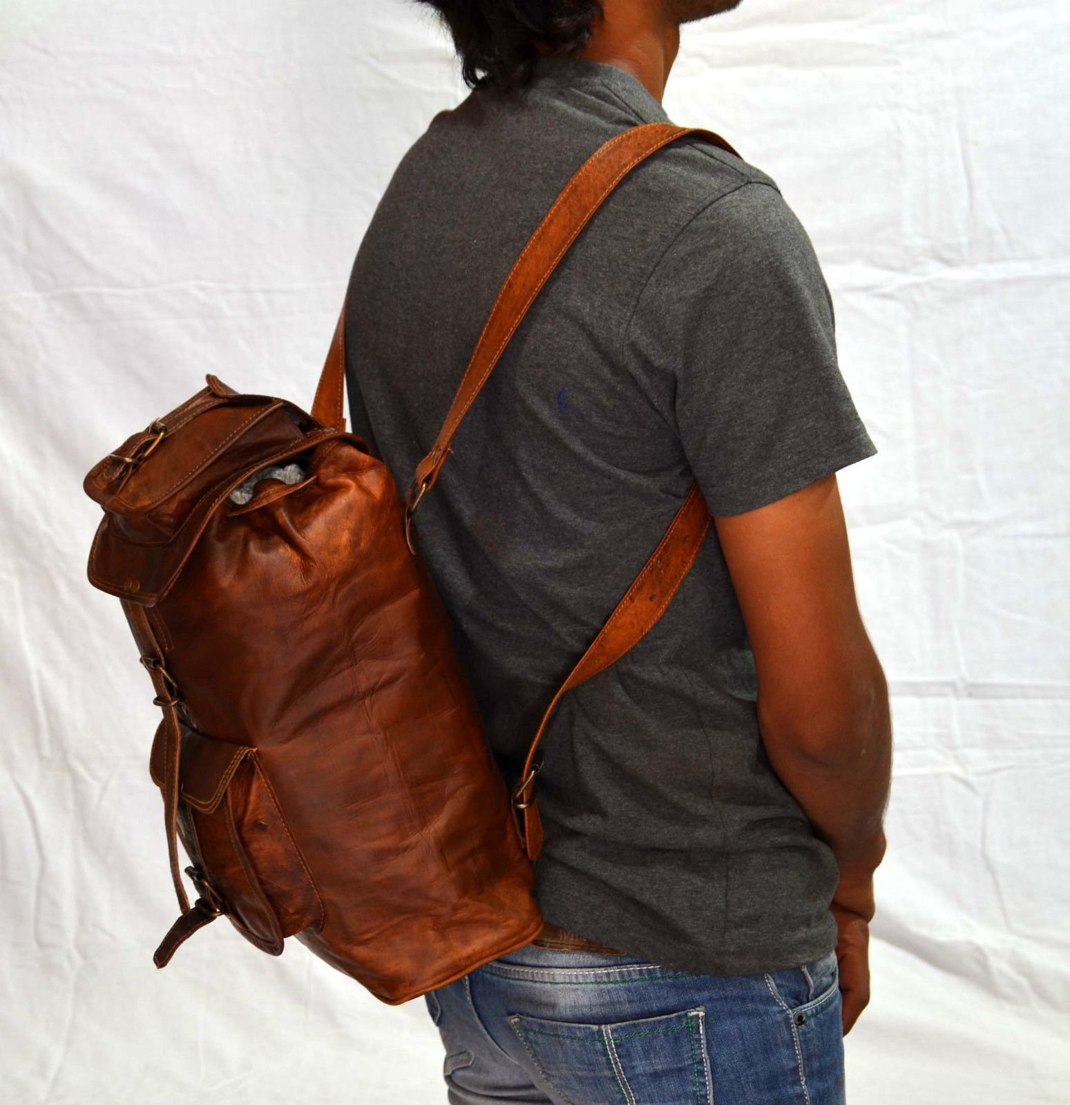 ハンドメイド　ブラウンレザー フラップバックパック Amazon.co.jp: Realレザーハンドメイドバックパックブラウン